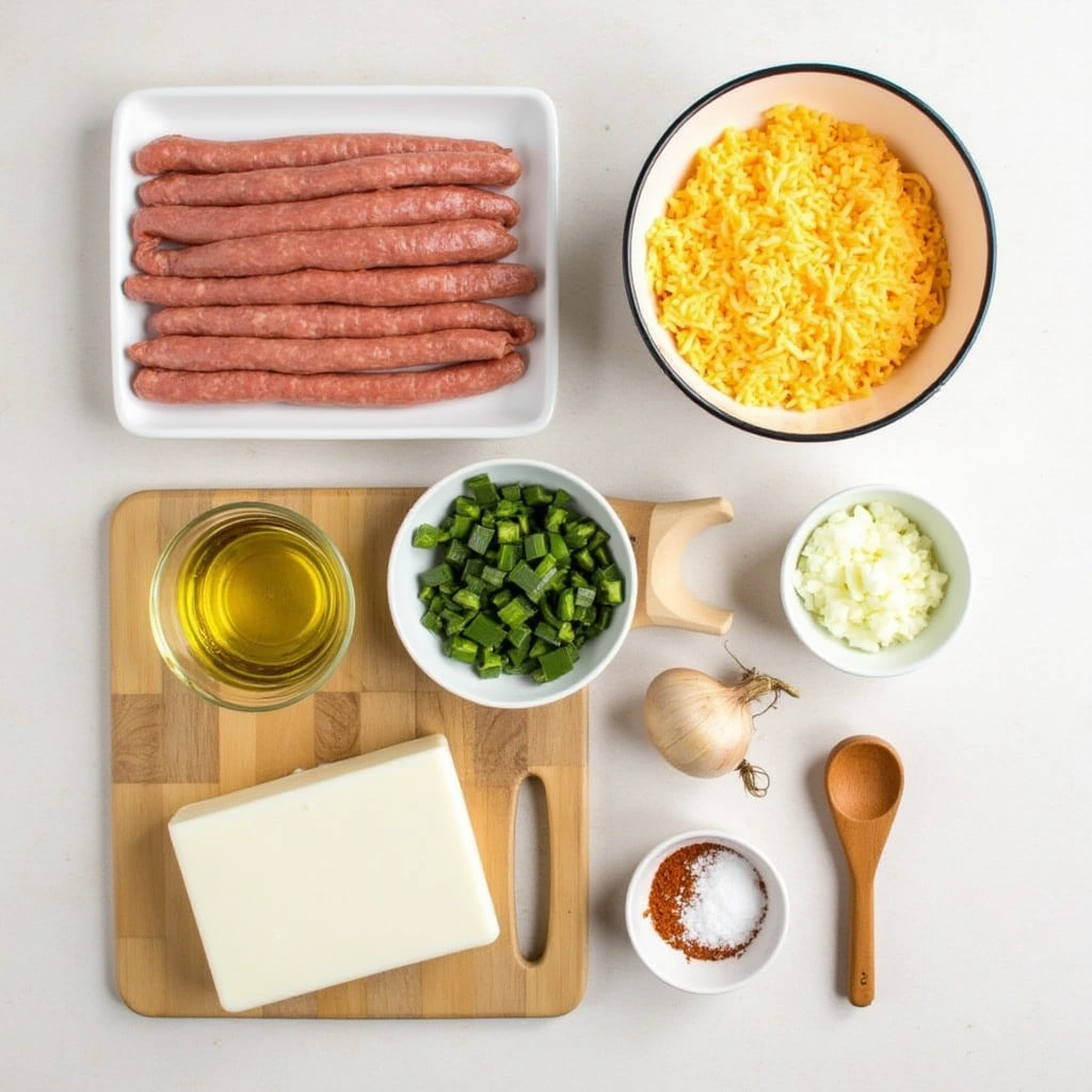 Ingredients for making smoked chorizo queso laid out on a counter