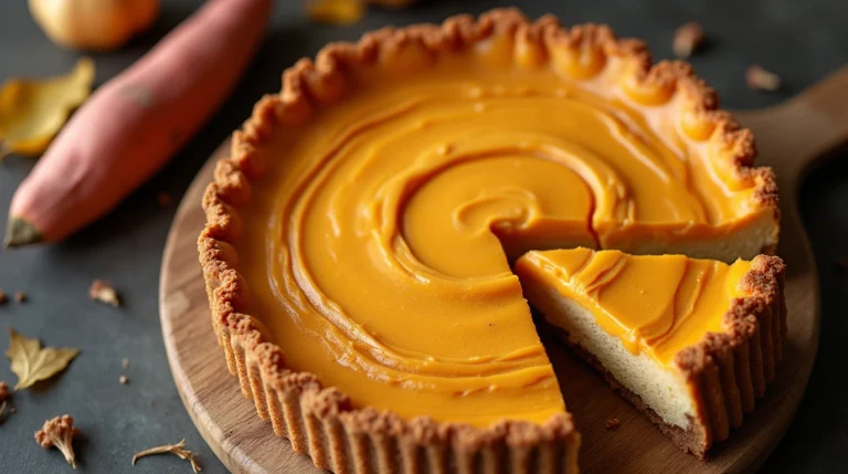 Delicious sweet potato cheesecake pie with a slice cut out, showcasing the swirl of filling