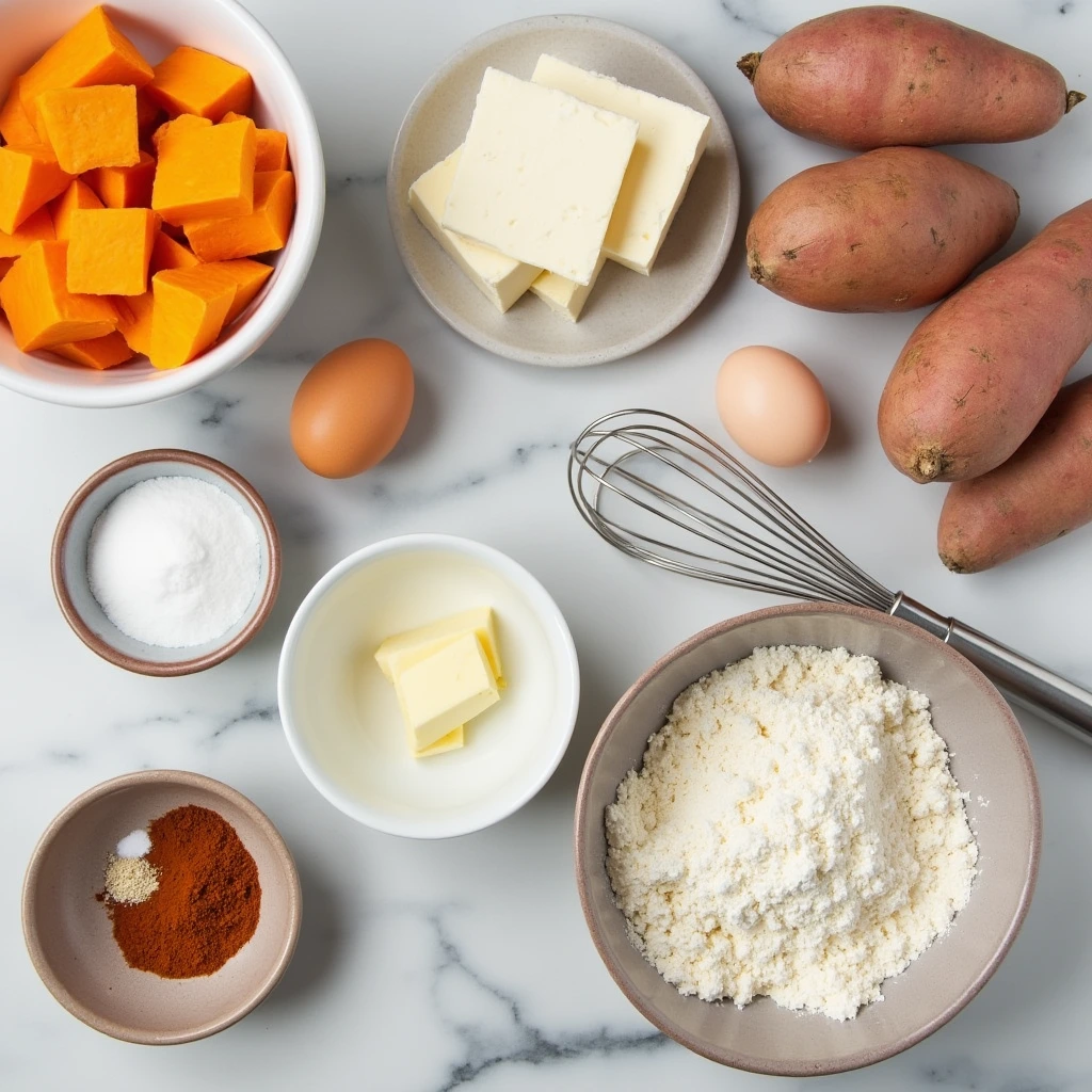 Flat lay of all ingredients for a sweet potato cheesecake pie including sweet potatoes, cream cheese, spices, etc