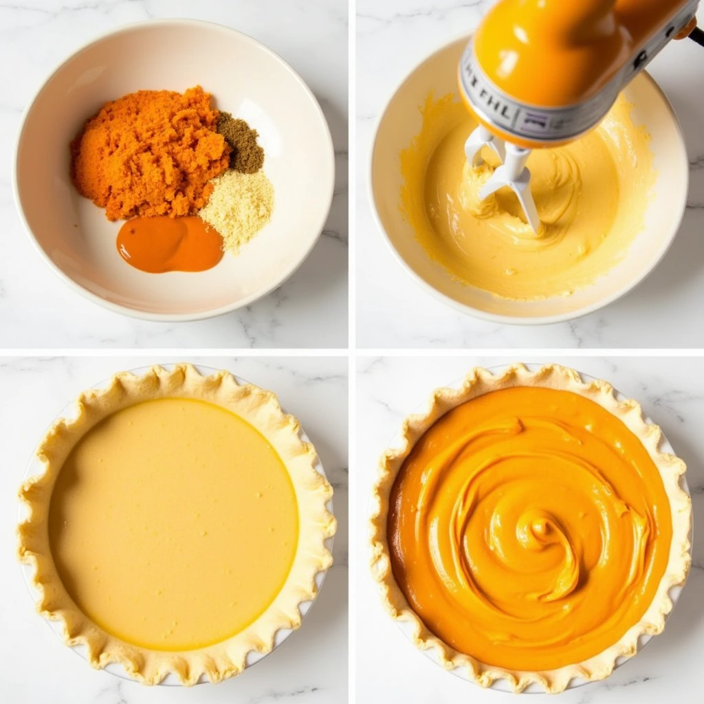 Collage of sweet potato cheesecake pie preparation steps, showing filling mixing and swirling