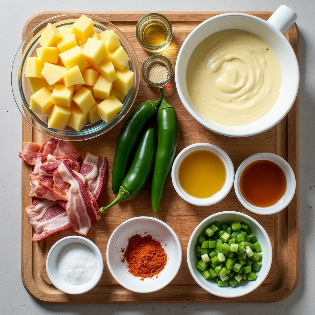 All ingredients needed for making Texas BBQ potato salad, arranged on a wooden surface