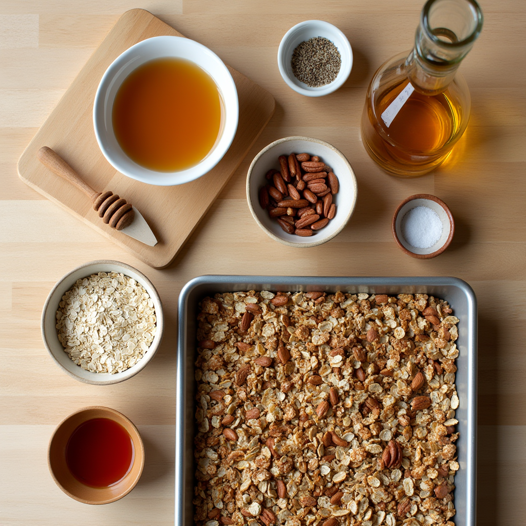 Flat lay of all ingredients and the mixture for vanilla nut granola, ready for baking