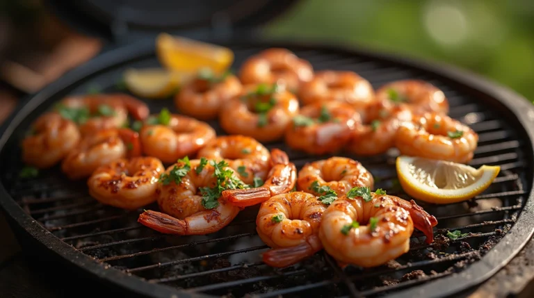 Grilled shrimp with lemon wedges and parsley on a barbecue grill