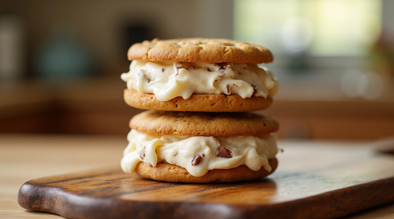 Stacked homemade ice cream sandwiches on a wooden board