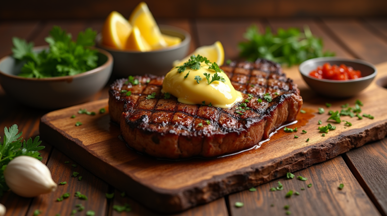 A cooked steak topped with a yellow sauce and parsley, on a wooden board, with other ingredients in the background