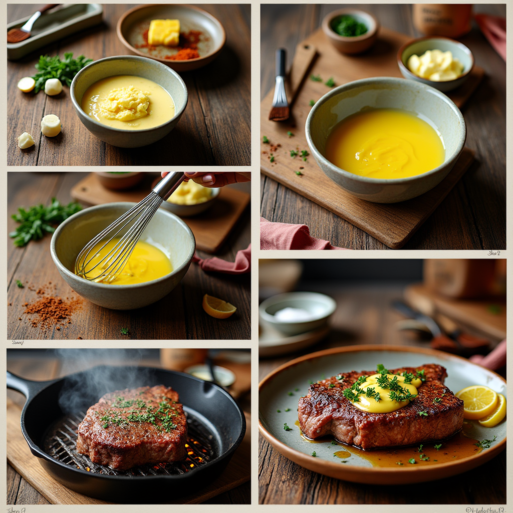 A six-panel image showing the steps to make cowboy butter and prepare a steak