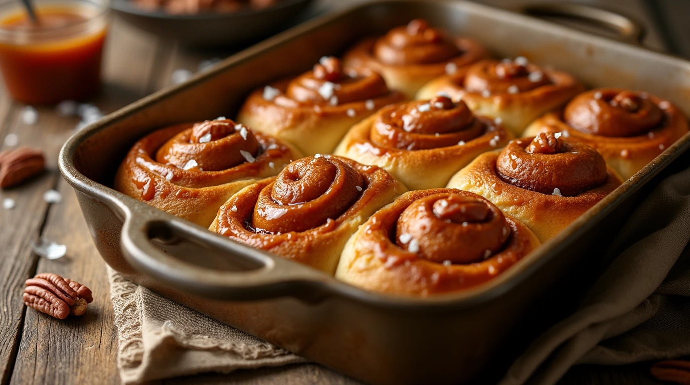 Freshly baked caramel rolls in a baking pan with caramel drizzle and flaky salt