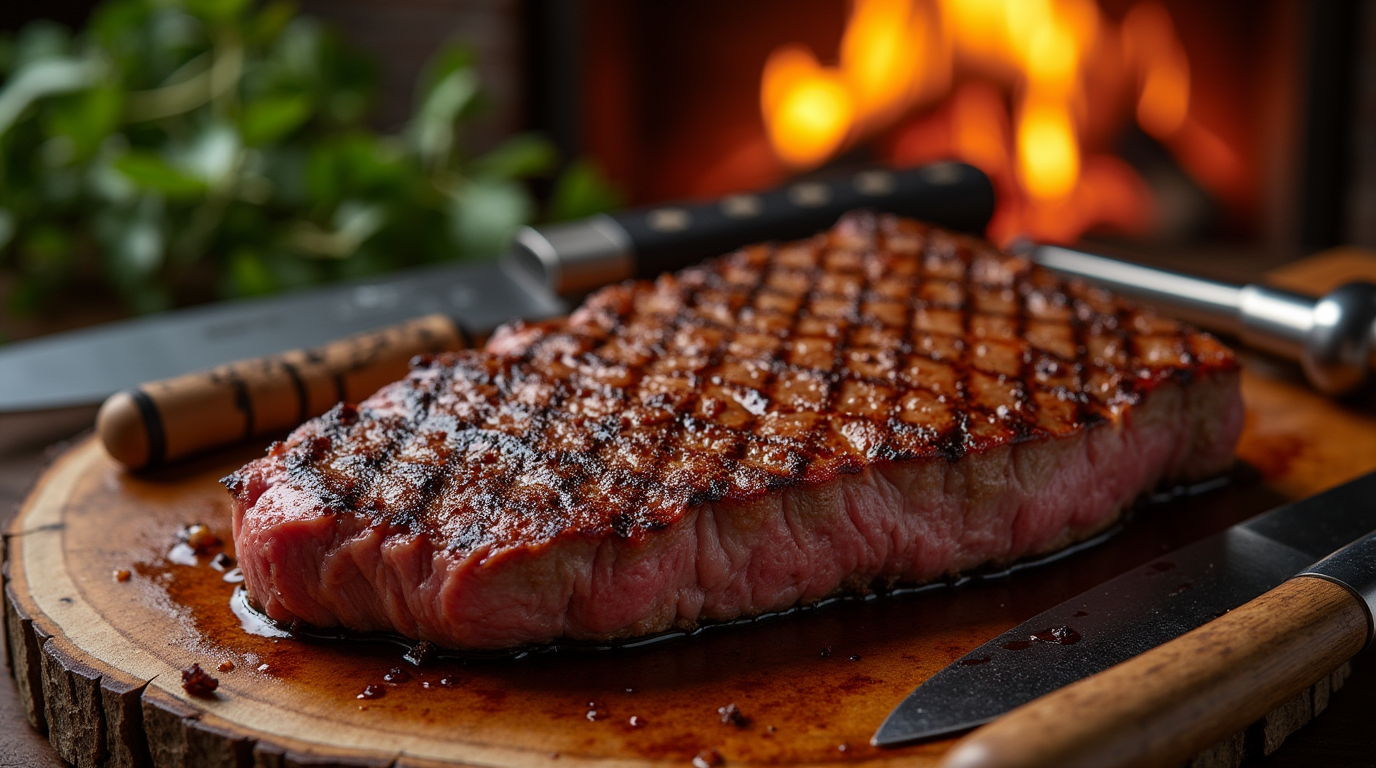 A cooked steak on a wooden cutting board, with several knives around it and a fireplace in the background