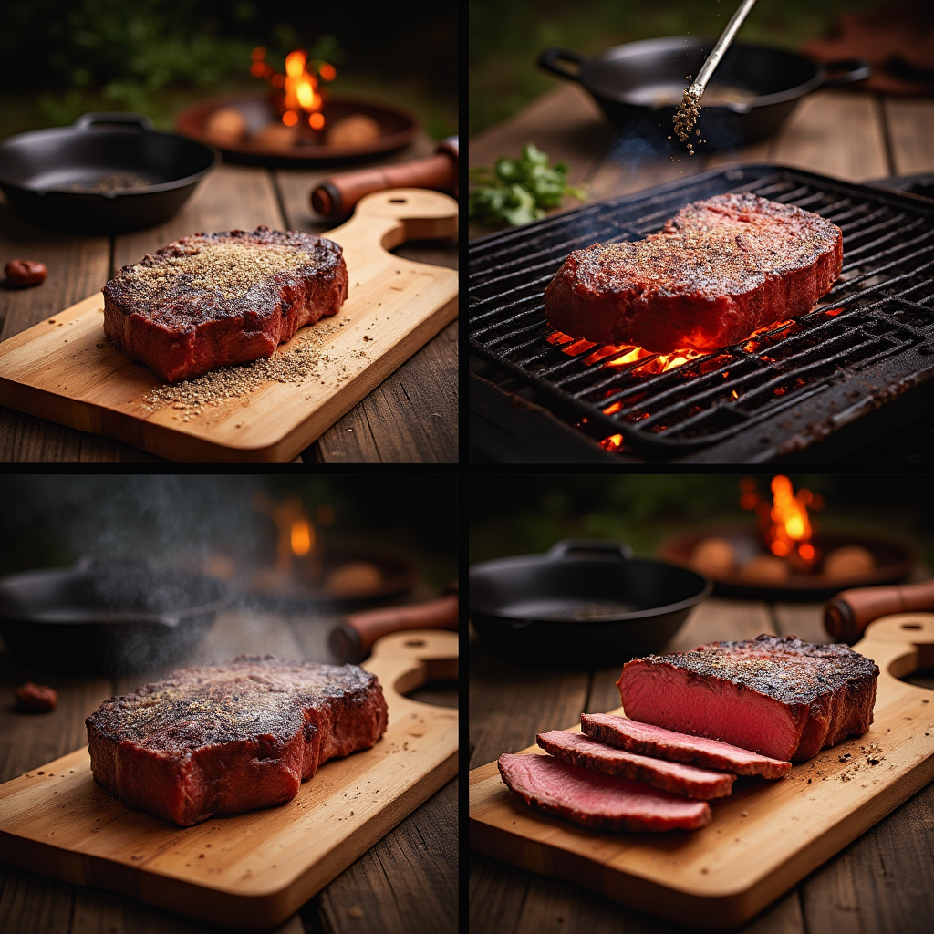 A four-panel image showing the steps of grilling a steak