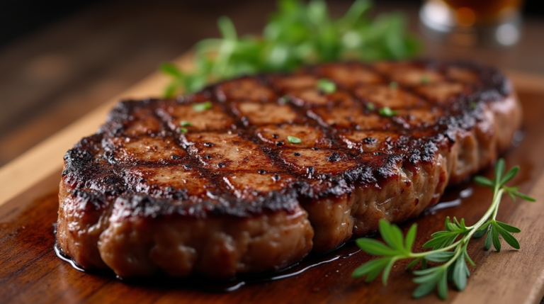 A cooked steak on a wooden board, garnished with green sprigs