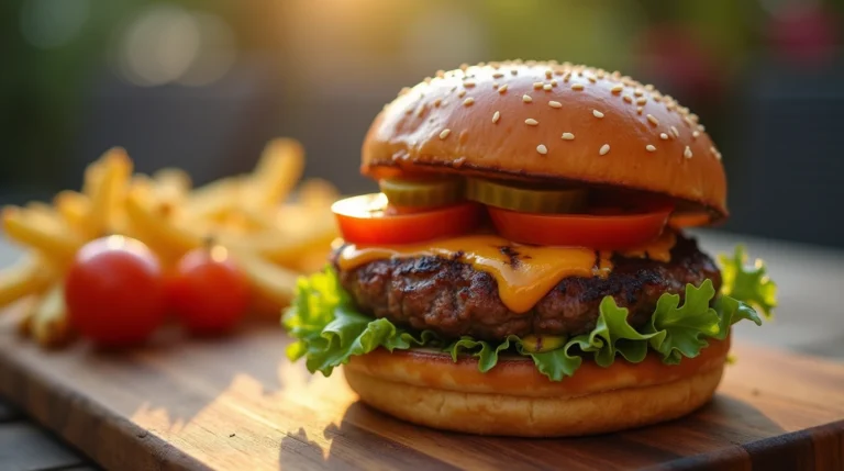 Close-up of a cheeseburger with fries