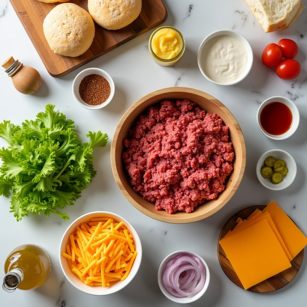 Burger ingredients flat lay. Easy BBQ Burger Recipe