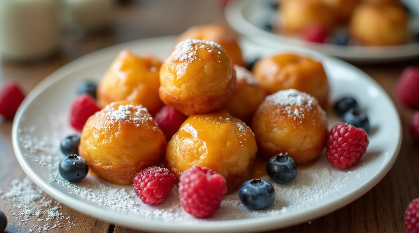 Close-up of mini-doughnuts with powdered sugar, honey, and berries