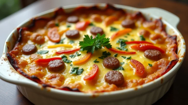 Baked casserole with sausage, peppers, and melted cheese in a white dish. gluten free