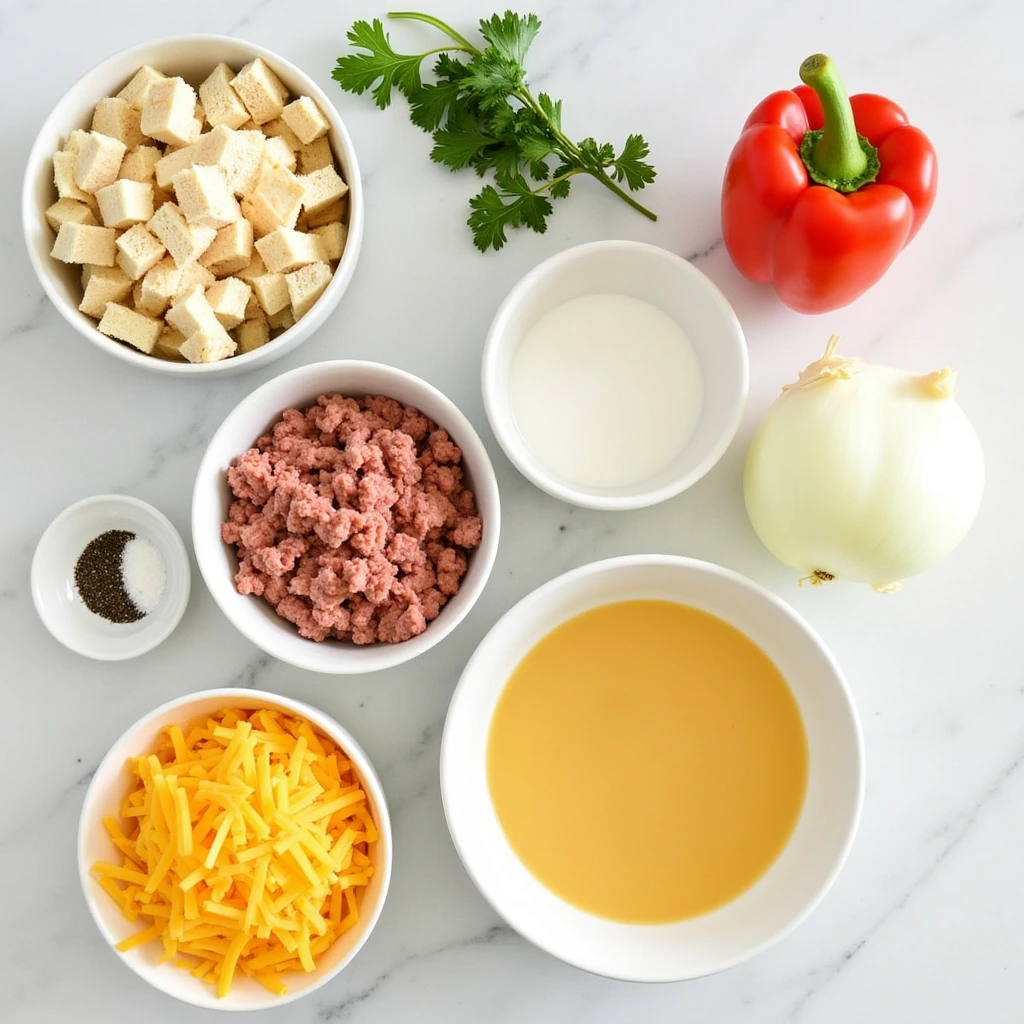 Overhead view of breakfast casserole ingredients: bread, ground meat, cheese, egg mixture, and vegetables