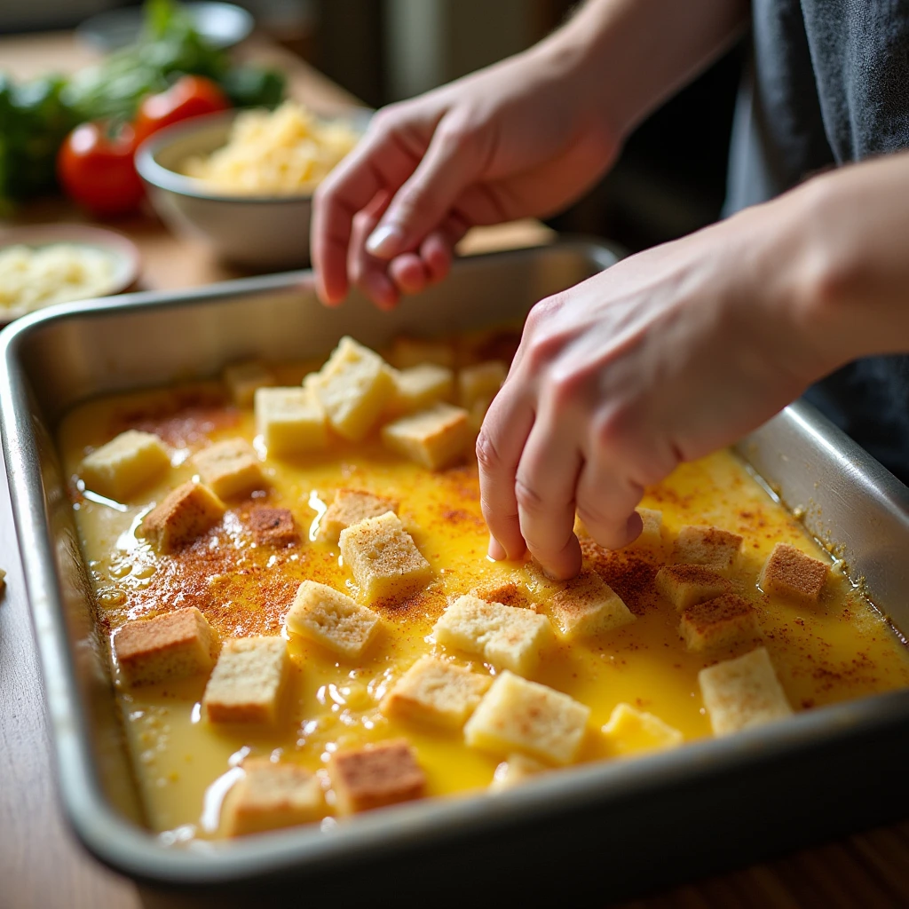 Hands placing bread cubes into an egg mixture in a baking pan