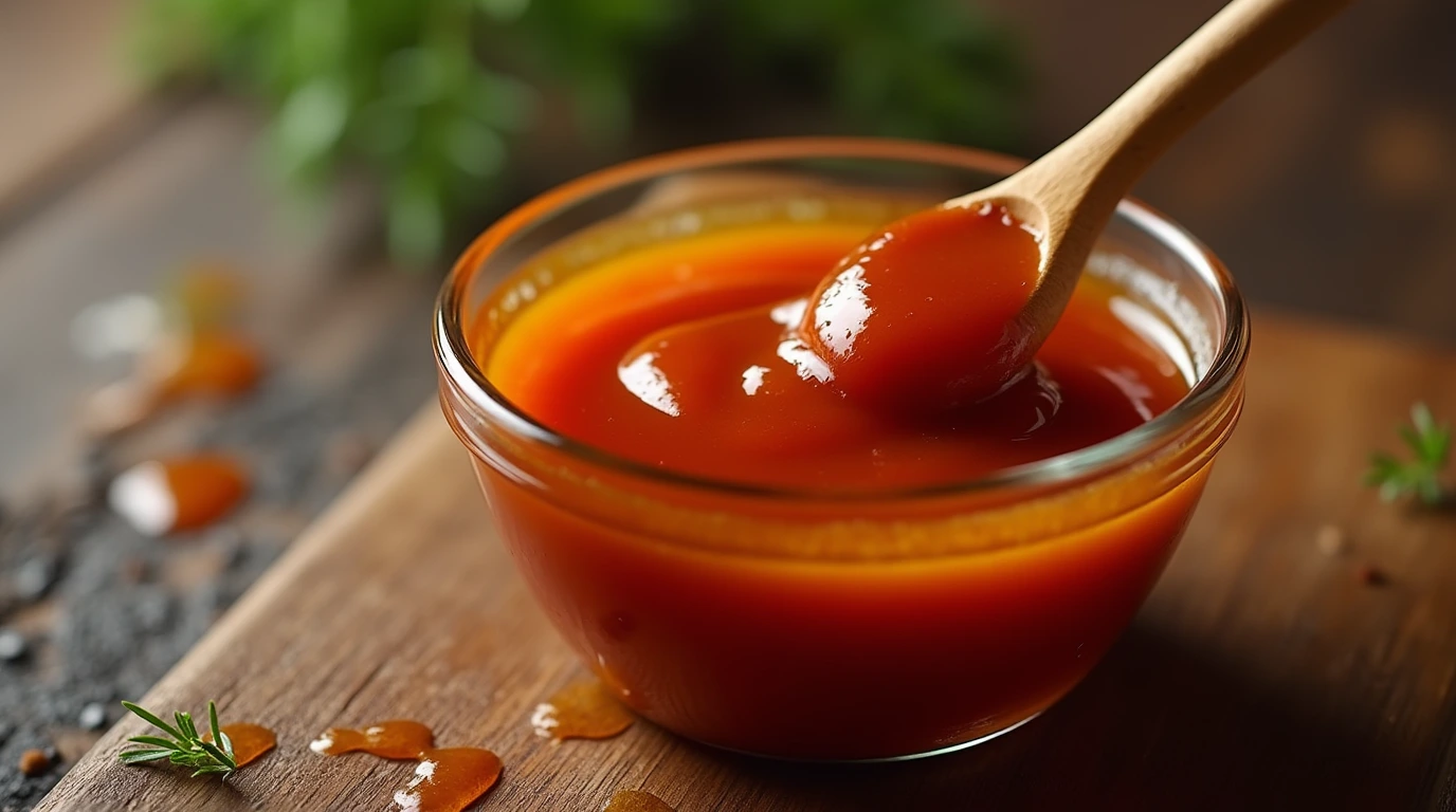 Close-up of homemade red sauce in a glass bowl with a wooden spoon