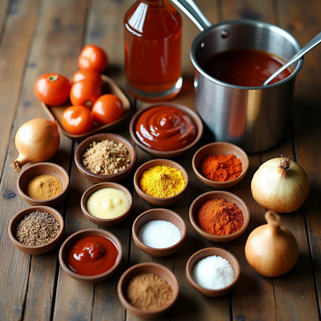 BBQ sauce ingredients: tomatoes, onions, spices like paprika, and sauce bases on a wooden table