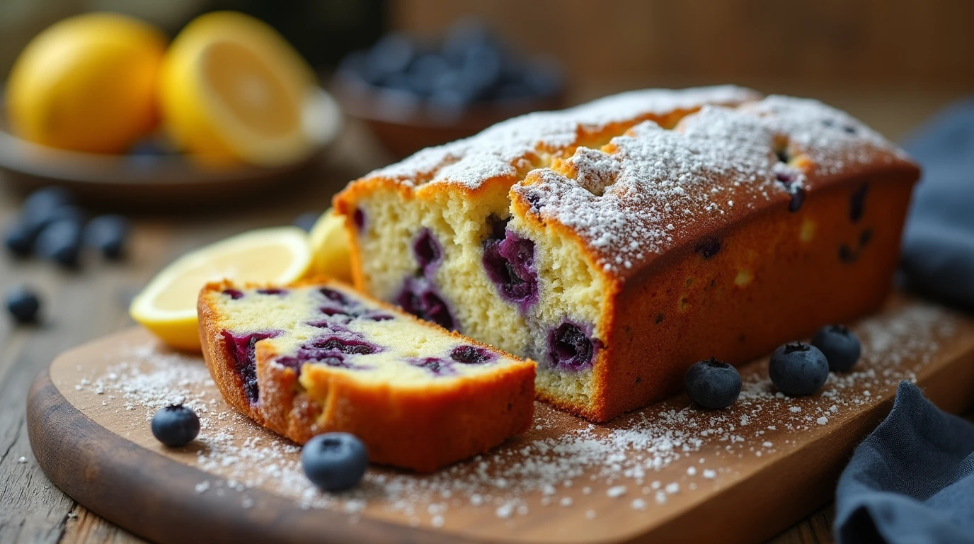 Sliced lemon blueberry loaf cake with powdered sugar and fresh blueberries