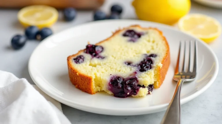 Slice of lemon blueberry loaf cake