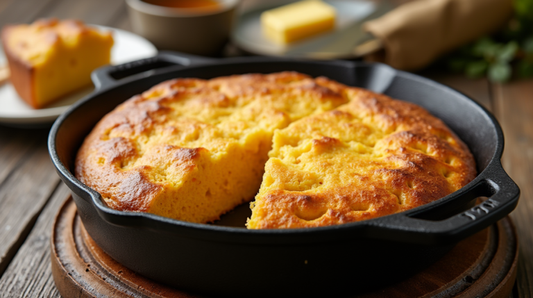 A baked cornbread in a cast iron skillet, with a slice removed, set on a wooden surface, alongside bowls of butter and honey