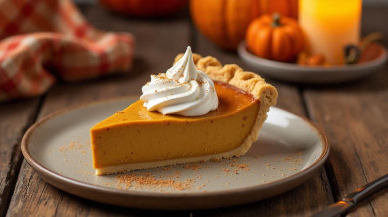 A slice of pumpkin pie with white topping and cinnamon, on a plate with autumn decorations