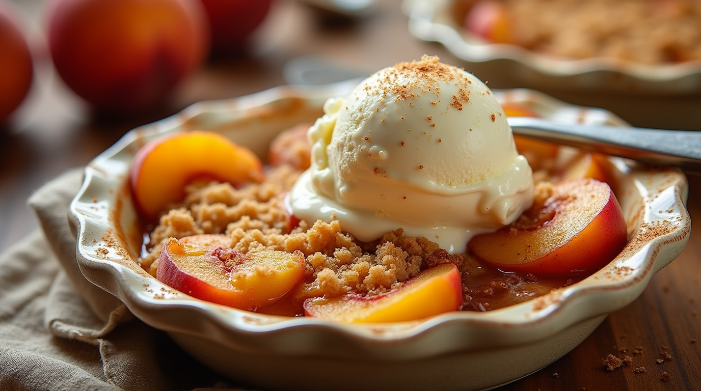 A peach cobbler with a scoop of ice cream, sprinkled with cinnamon, in a light-colored bowl