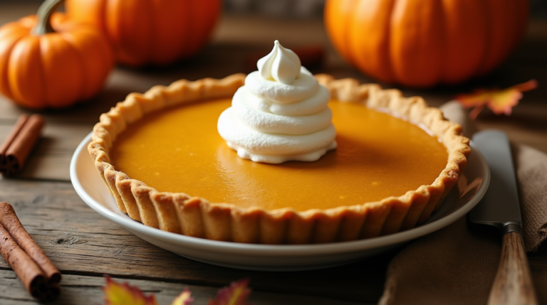 A full pumpkin pie with a white swirl topping, surrounded by fall decorations