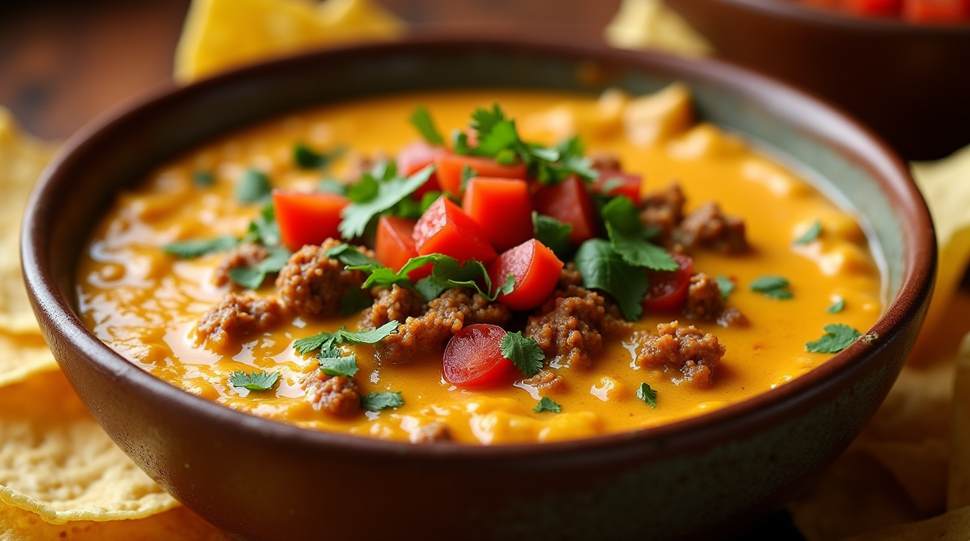 A bowl of cheese dip topped with meat, tomatoes, and herbs, with tortilla chips around the bowl