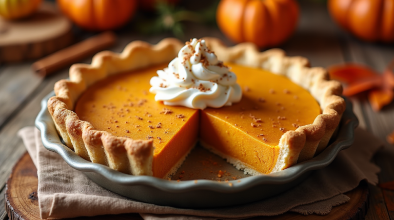 A sweet potato pie with a slice removed and a swirl of white topping, on a rustic wooden surface