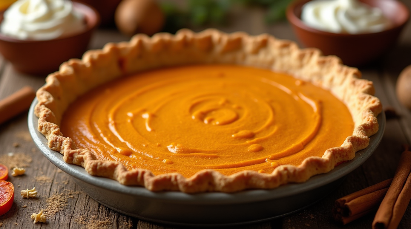 A close up of a baked sweet potato pie, with bowls of topping in the background