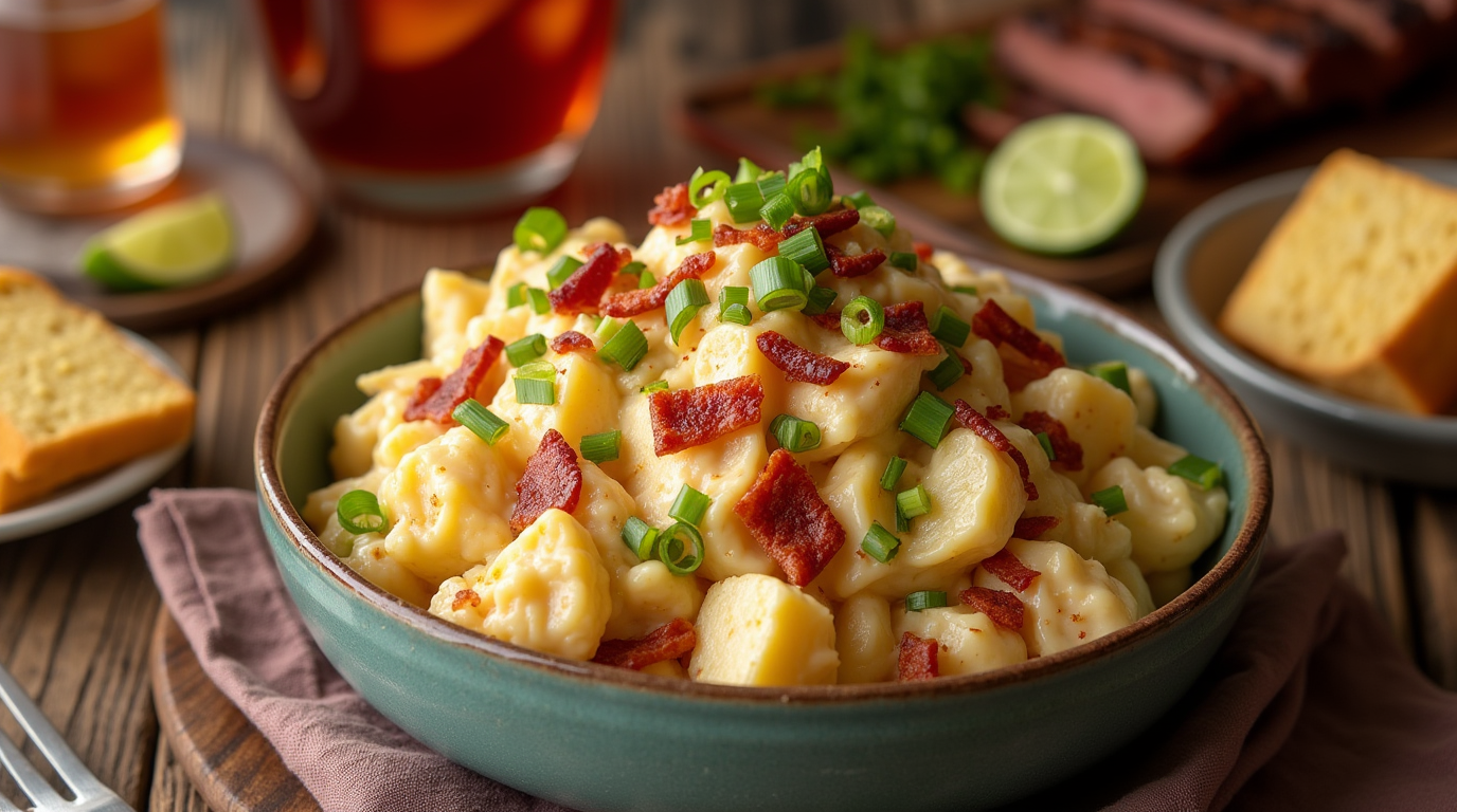 A bowl of potato salad with bacon and green onions, with other dishes in the background.