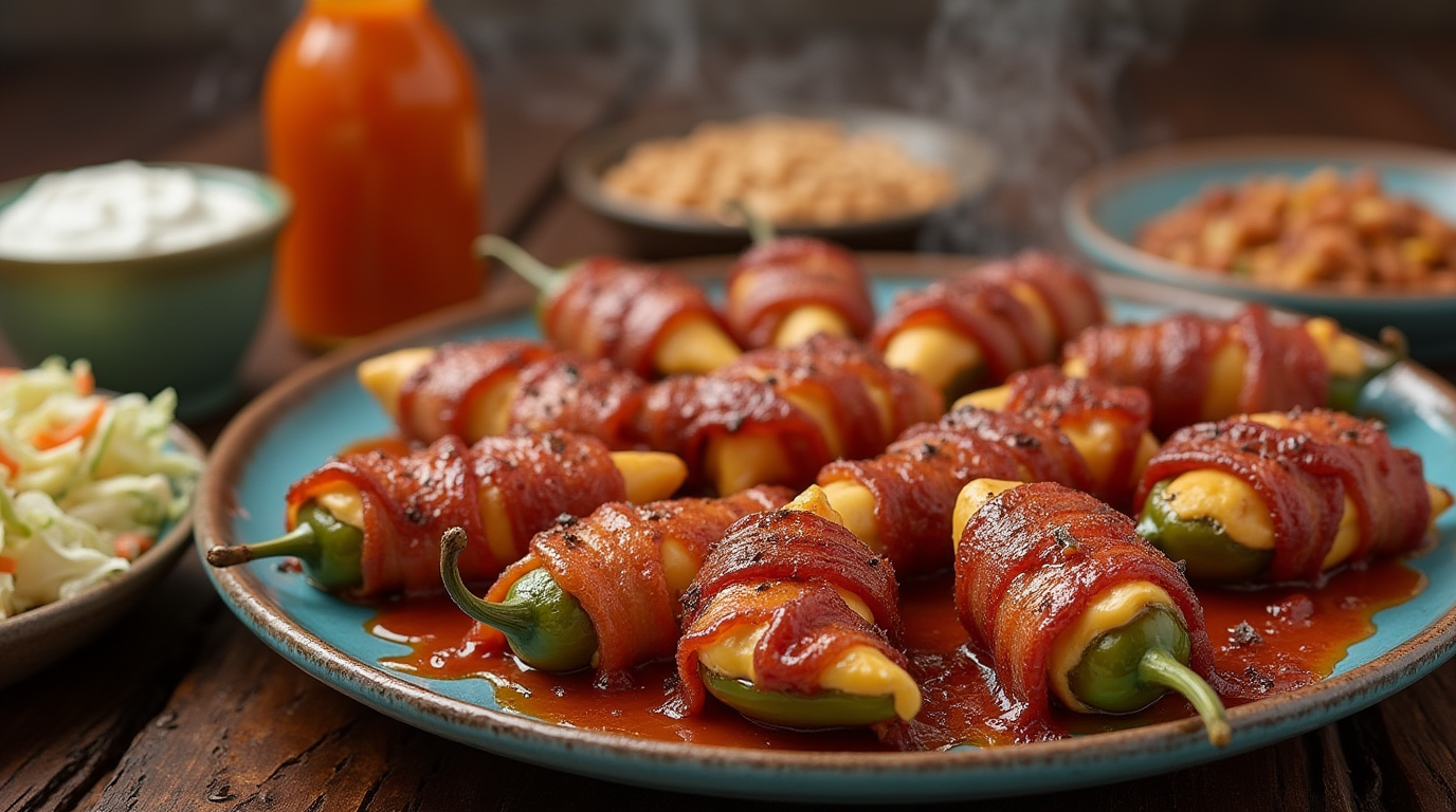 A plate of bacon-wrapped jalapeño peppers with other dishes in the background