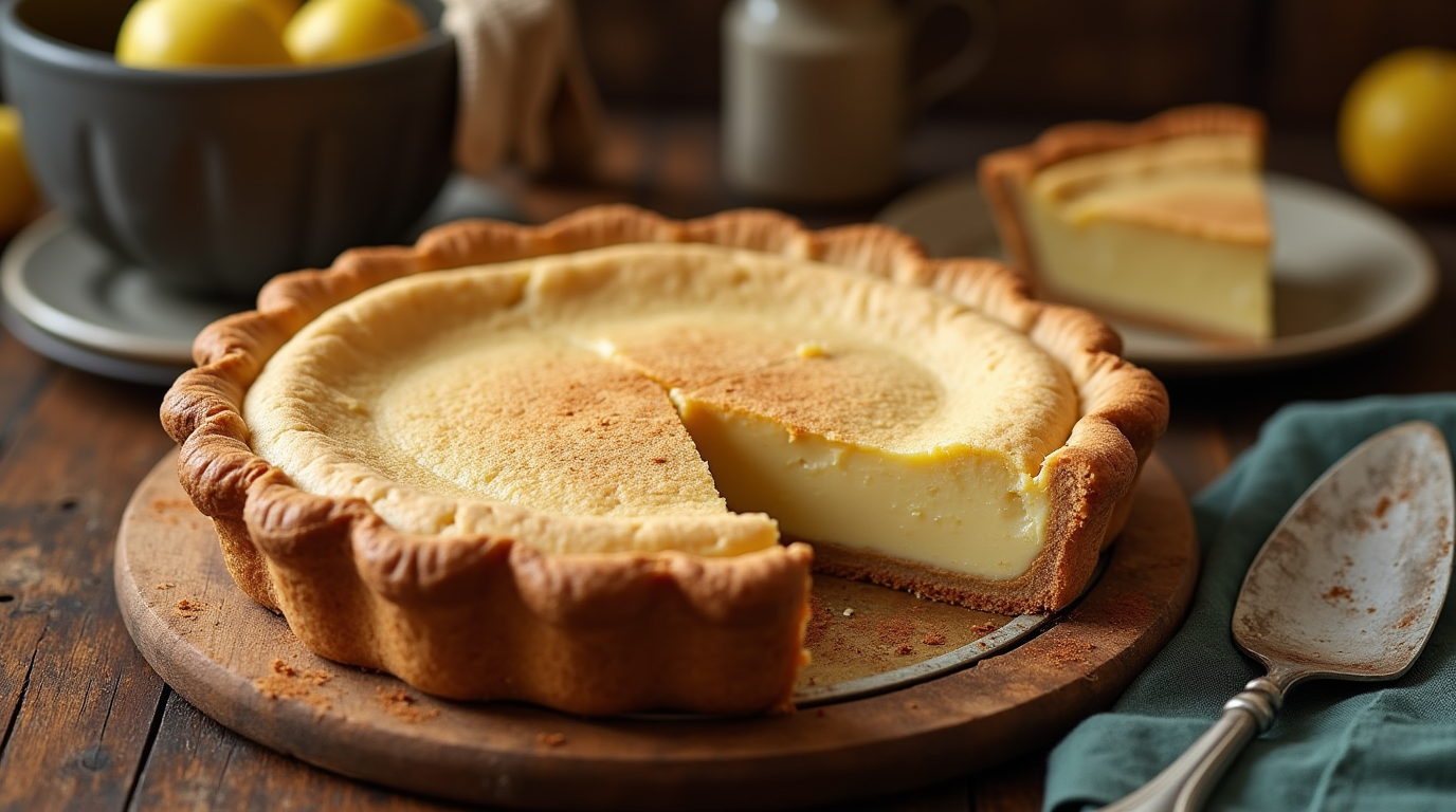 A buttermilk pie with a slice removed, with lemons in the background