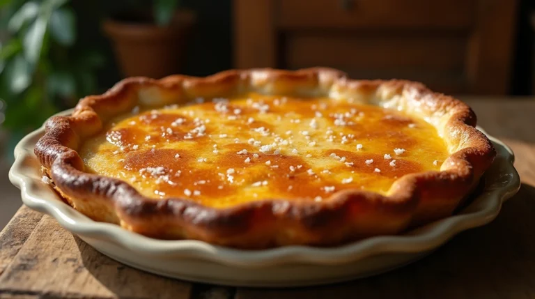 Close-up of a baked pie with a golden crust and flaky salt topping