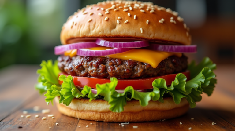 Close-up of a classic hamburger with lettuce, tomato, cheese, and red onion on a sesame seed bun