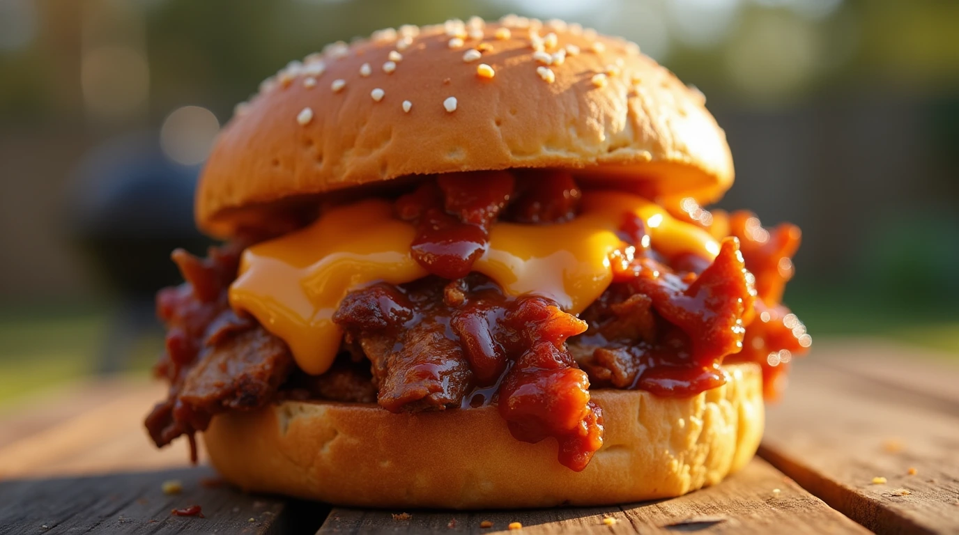 Close-up of a juicy pulled meat sandwich with melted cheese