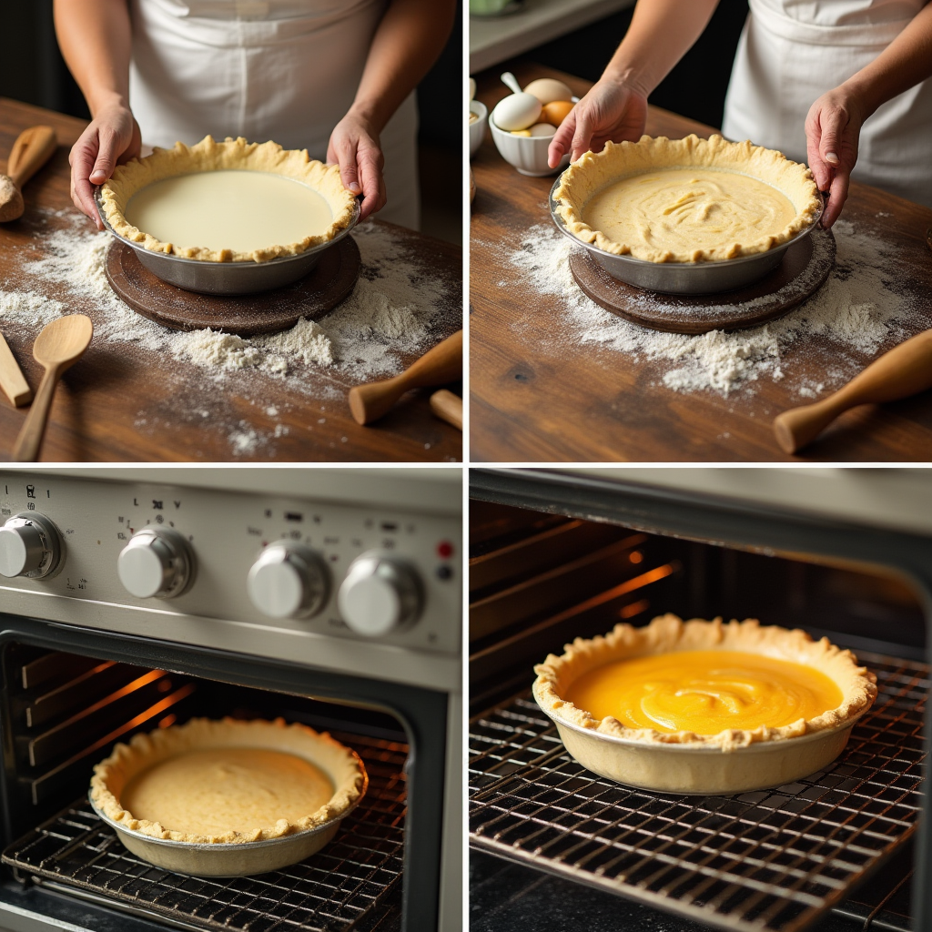 A four-panel image showing the steps of baking a pie