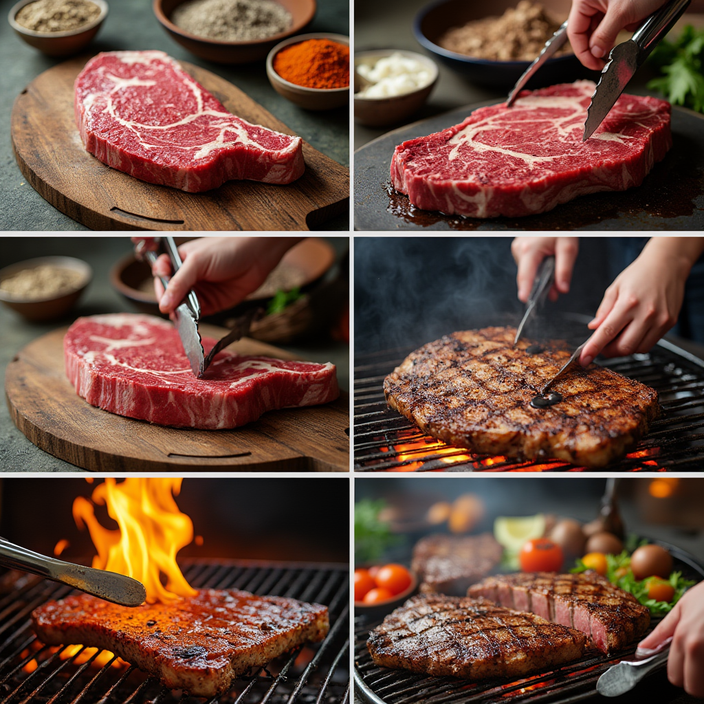 A six-panel image showing the steps to grill a steak