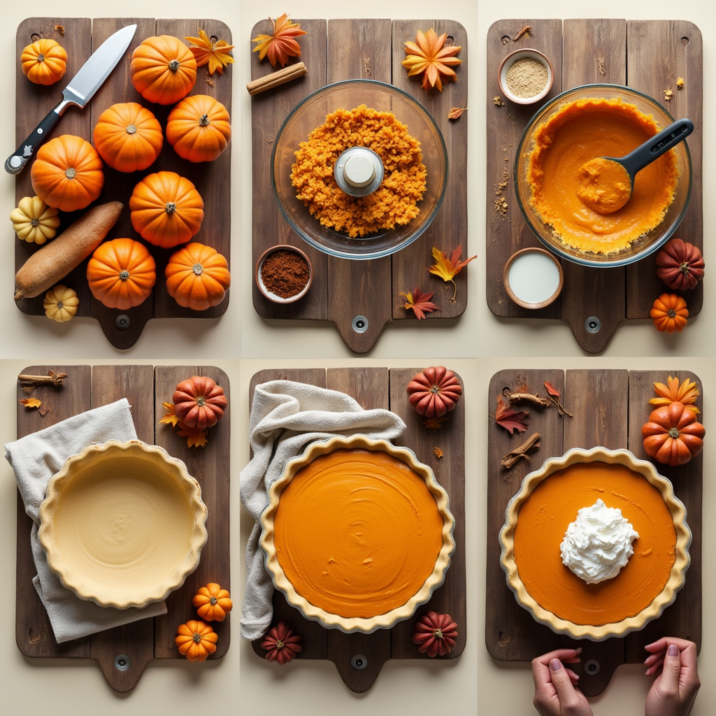 A six-panel image showing the steps in making a pumpkin pie