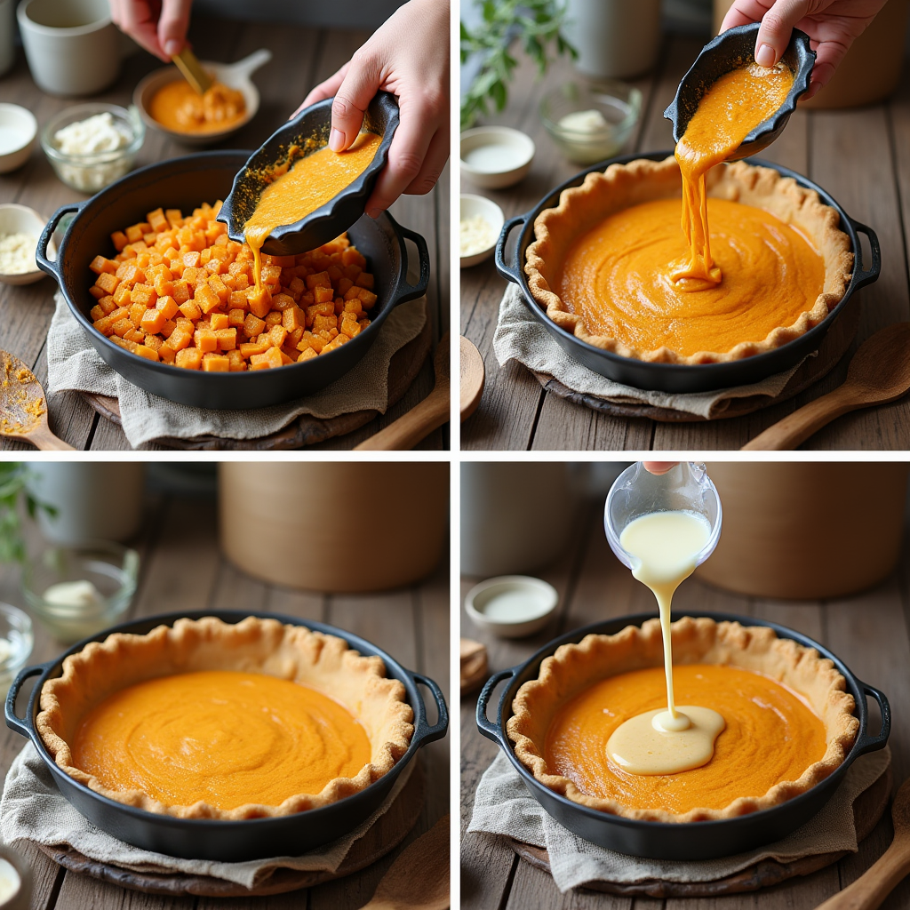 A four-panel image demonstrating the steps of making sweet potato pie