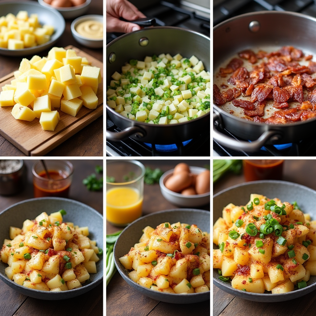 A six-panel image showing the steps to make a potato salad.