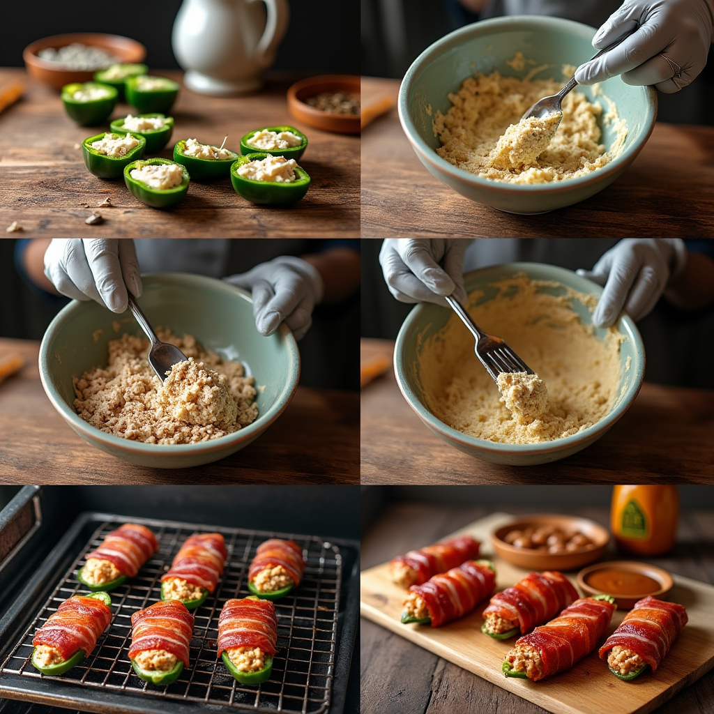 A four-panel image showing the preparation of stuffed jalapeño peppers. texas twinkies recipe