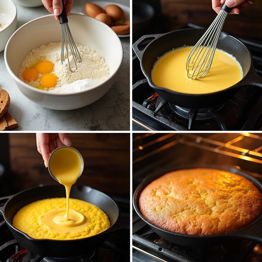 A four-panel image showing the steps of making cornbread in a cast iron skillet