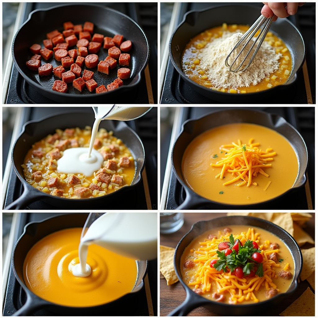 A six-panel image showing the steps to make a cheese dip in a skillet.
Smoked Chorizo Queso