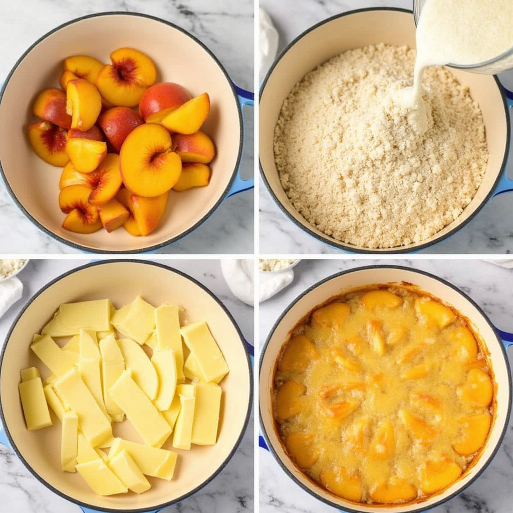 A four-panel image showing the preparation of a peach cobbler with cake mix