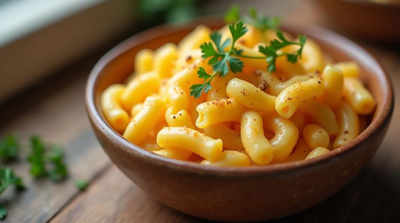 Close-up of a bowl of creamy macaroni and cheese with parsley and paprika