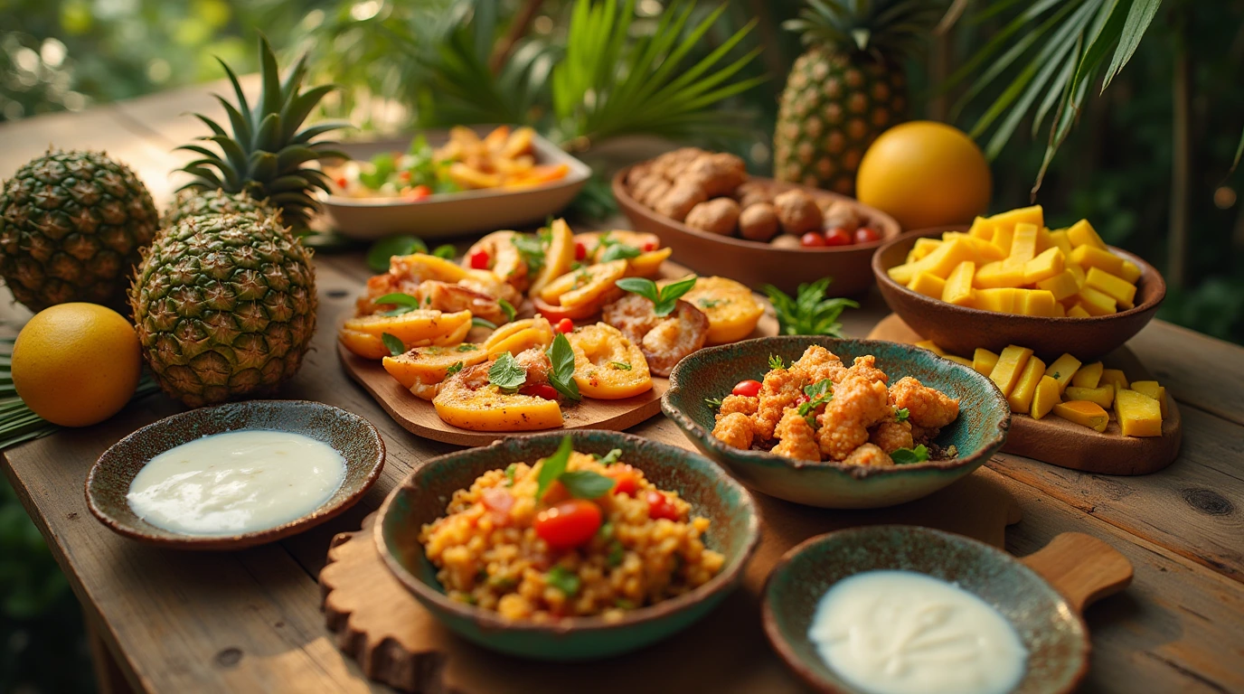 A vibrant and colorful spread of Poesiden dishes on a rustic wooden table, evoking a tropical island feel