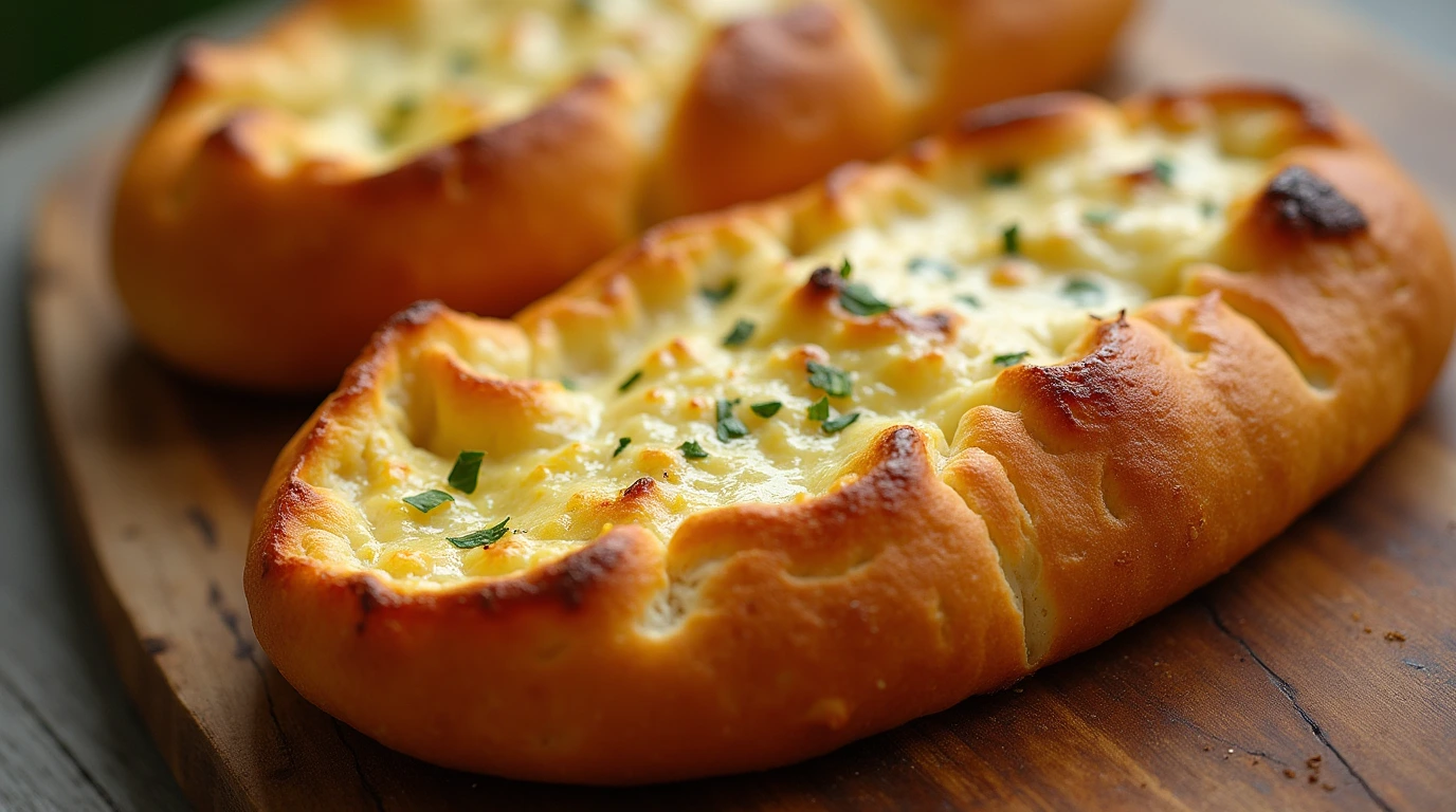 Close-up of freshly baked Cunetto's garlic cheese bread.