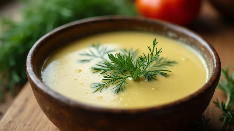 Creamy Czech sour cream and dill soup in a rustic bowl